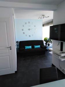 鲁西隆地区卡内Stan的客厅配有沙发和墙上的时钟