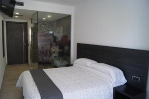 菲格拉斯Hostal Sanmar的一间卧室配有一张床和一面大镜子