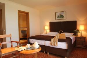 博博利采Hotel Zamek Bobolice的一间酒店客房,配有一张床铺和一张桌子,上面装有袋子