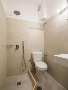 米克诺斯城俄耳甫斯客房酒店的带淋浴、卫生间和盥洗盆的浴室