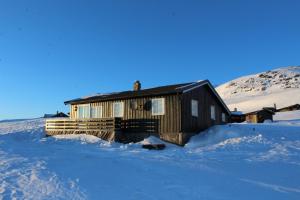 奥尔Kjøniksbu - 3 bedroom cabin的雪中的房子,背景是山