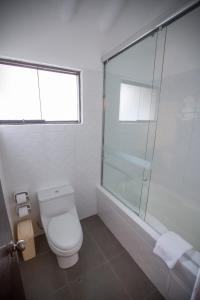 乌鲁班巴Tierra Viva Valle Sagrado Hotel的一间带卫生间和玻璃淋浴间的浴室