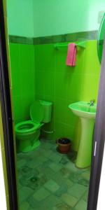 科帕卡巴纳Hostal Piedra Andina的绿色浴室设有卫生间和水槽