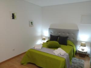 圣玛尔塔迪佩纳吉昂Casa Do Boteco的一间卧室配有绿床和2条毛巾