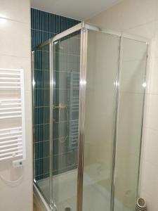 圣玛尔塔迪佩纳吉昂Casa Do Boteco的浴室里设有玻璃门淋浴
