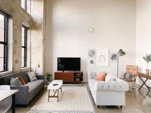 诺克斯维尔Modern Loft w/ View的客厅配有两张沙发和一台电视机