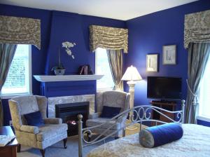 悉尼悉尼灯塔酒店的一间卧室设有蓝色的墙壁、一张床和一个壁炉