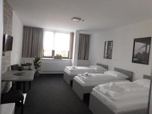 瓦拉什斯凯梅济日奇Penzion Nový Štěpánov的酒店客房设有三张床和一张桌子