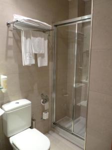 马德里欧罗巴皮尔塔4C酒店的一间带卫生间和玻璃淋浴间的浴室