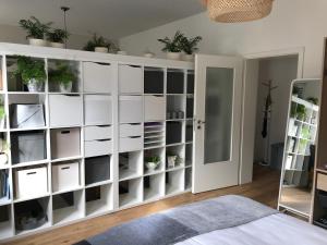 克雷费尔德Ferienwohnung City-Apartment Swifts Krefeld的一间有白色书架的房间,上面有植物