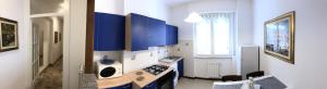 阿尔本加Appartamento Quadrilocale的厨房配有蓝色橱柜和台面