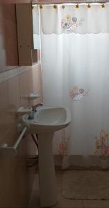 费德拉西翁Cabaña Don Oscar的一间带水槽和淋浴帘的浴室