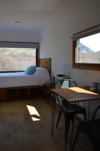 厄尔查尔坦Cerro Electrico - Off The Grid Tiny Houses的一间卧室配有一张床、一张桌子和一个窗户。