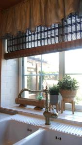 比利亚尔瓦德拉谢拉Casa Azahar的厨房里的一个水槽,窗户上装有植物
