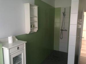 NeußenFerienwohnung Friese的带淋浴和白色橱柜的绿色浴室