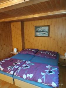 坦瓦尔德全景旅馆的木制客房内的一间卧室,配有一张床