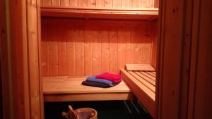 拉德博伊尔Bauwagen Villa Frederik的木制桑拿,带有红色和蓝色的毛巾