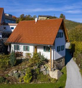 绍萨尔地区基策克Kellerstöckl Goigner的山坡上一座白色房子,屋顶橙色