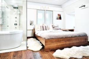 格拉茨Kaiser Apartments - City Centre of Graz的卧室配有1张床、浴缸和水槽。