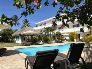 喀巴里特Diamond Hotel Cabarete的享有度假村的景致,设有椅子和游泳池