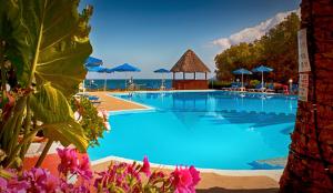 基萨莫斯诺皮基亚野营酒店的一个带蓝色水和蓝色遮阳伞的游泳池