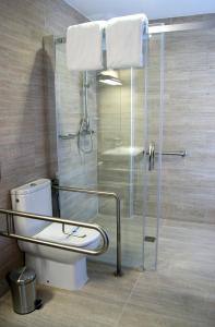 Hinojosa del DuqueHotel EH Piedra Y Luz的一间带卫生间和玻璃淋浴间的浴室