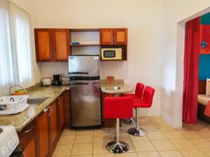 科克Studio Apartments in Las Torres的厨房配有不锈钢冰箱和红色椅子