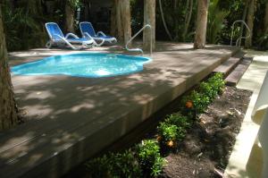 棕榈湾礁石宁静棕榈湾酒店的木制甲板上的小型游泳池,配有两把椅子