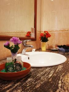 本托塔Oasey Ayurveda Hotel的浴室柜台配有水槽和鲜花