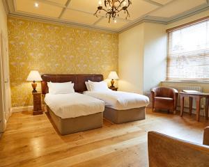 格拉斯米尔摩斯格鲁夫有机酒店的一间卧室配有两张床和吊灯。