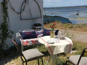 塞特港Cabanon de pêcheur en bord de lagune的水边的桌子上放着花瓶