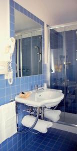 圣吉米纳诺勒那伊尔酒店的蓝色瓷砖浴室设有水槽和淋浴