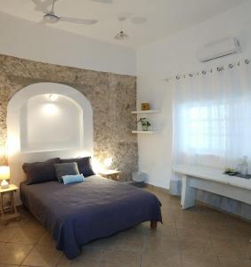 科苏梅尔Carlota Guest House的一间卧室配有一张床、一个窗口和一张书桌