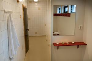 图什比STF Valbergsängen Sporthotell的设有带镜子和水槽的淋浴的浴室