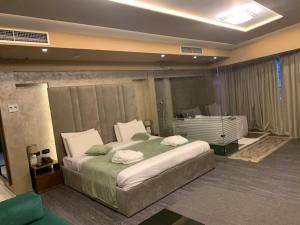地拉那Albanopolis Hotel的一间卧室设有一张大床和一个浴缸