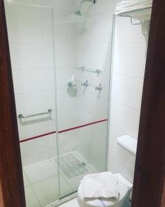 卡达斯诺瓦斯HOT SPRINGS HOTEL Caldas Novas-FLAT VIP的浴室设有玻璃淋浴间和卫生间