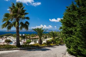 拉瑟狄奥尼索斯度假公寓的享有棕榈树度假村和大海的景致。