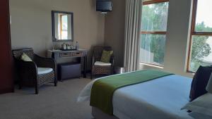 奥茨胡恩Karoo Sun Boutique Guest House的一间卧室配有一张床、一张书桌和一个窗户。