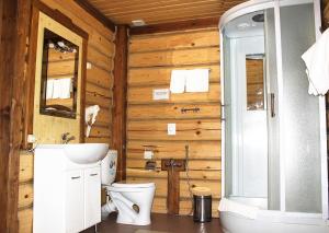 特维尔科莱巴酒店的木制浴室设有卫生间和水槽