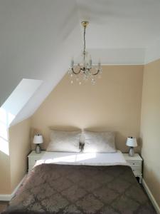 韦茨拉尔斯皮尔伯格公寓的一间卧室配有一张床和一个吊灯