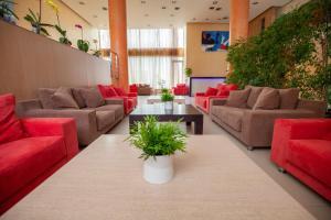 雅典拉科巴酒店的客厅配有红色沙发和植物