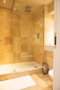 大莫尔文马尔文酒店的带浴缸和玻璃淋浴间的浴室。