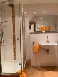 博帕德Hotel Sonnenhof的带淋浴和盥洗盆的浴室