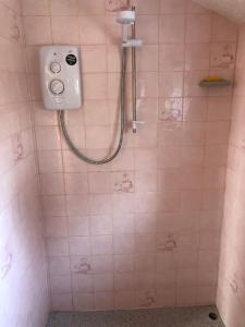 朗塞斯顿Travellers Rest的带淋浴的浴室(铺有粉红色瓷砖)