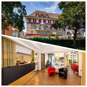 伯尔尼Hotel Jardin Bern的两幅酒店客房的照片,享有大楼的景色