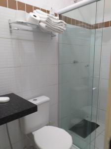 维索萨-杜塞阿拉Flat Matriz的一间带卫生间和玻璃淋浴间的浴室