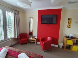 德比花盆宾馆的一间卧室设有红色的墙壁、电视和红色的椅子