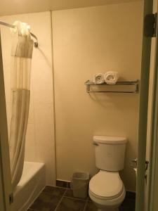 安大略安大略机场华美达酒店的浴室配有卫生间、淋浴和浴缸。