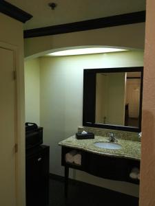 安大略安大略机场华美达酒店的一间带水槽和大镜子的浴室