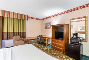 博伊西Lotus by Hotel Inn的酒店客房配有一张床、一张书桌和一台电视。